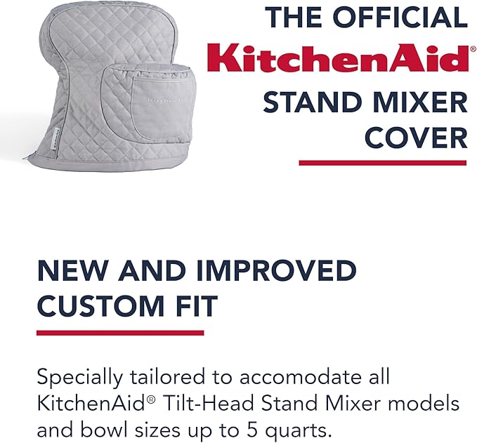 KITCHENAID Fitted Tilt-Head Stand Mixer Cover with Storage Pocket, Quilted 100% Cotton,14.4"x18"x10", Grey