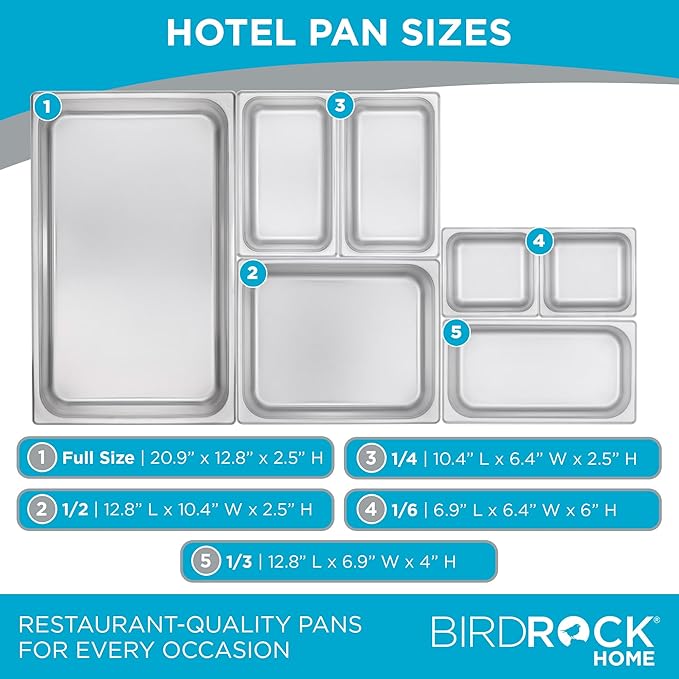 BIRDROCK HOME Stainless Steel Steam Table Pan - Hotel, Restaurant & Catering Supplies - 24 Gauge Steel, 4.5 qt Capacity - Meal Prep, Cooking, & Food Storage Container - 2.5" Depth, 1/2-Size (6 Pack)