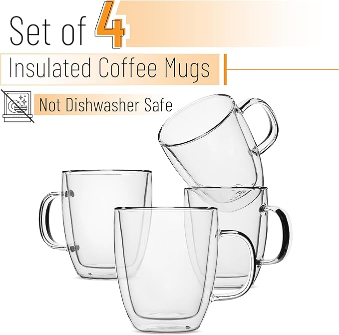 BTaT- Insulated Coffee Mug, Large, Set of 4 (16oz, 500ml), Double Wall Glass Coffee Cups, Glass Coffee Mug, Christmas Gifts