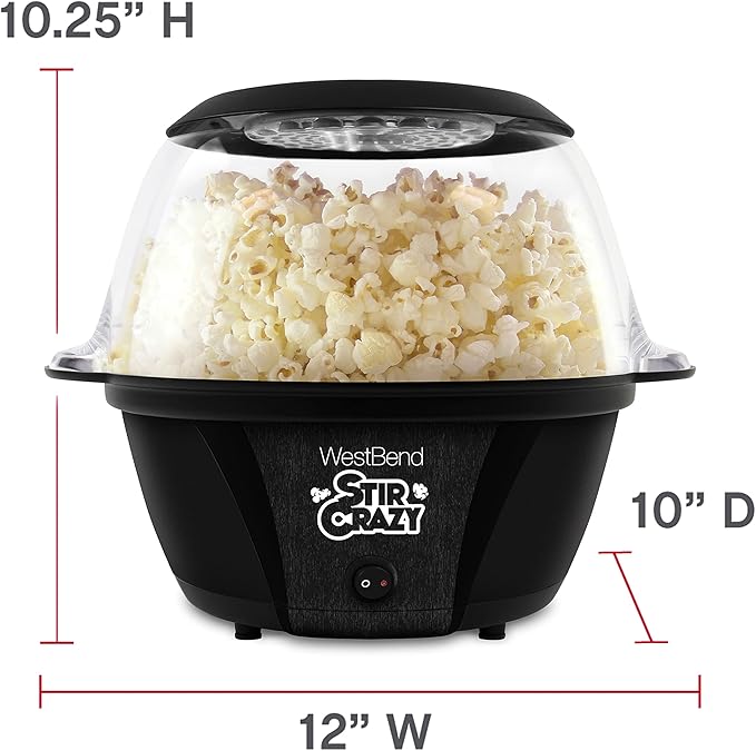 West Bend Stir Crazy Hot Oil Popcorn Popper, Popcorn Maker Machine with Large Serving Bowl Lid and Stirring Rod Perfect for Movie Night Snack Time or Parties, 6-Quart, Black