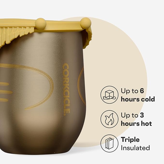 Corkcicle Stemless Insulated Wine Glass Tumbler - Keeps Beverages Cold 6 Hours & Hot 3 Hours - Stainless Steel - Easy-Grip - Summer Drinkware Gift - Keeps Drinks Ice Cold - 12 oz - Golden Snitch