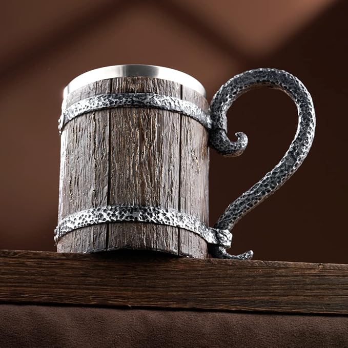 Arola Handmade Wooden Barrel Beer Mug, Stainless Steel Vintage Beer Cup, Medieval Drinkware Mug for Coffee/Beverage/Juice17oz Gift for Men.