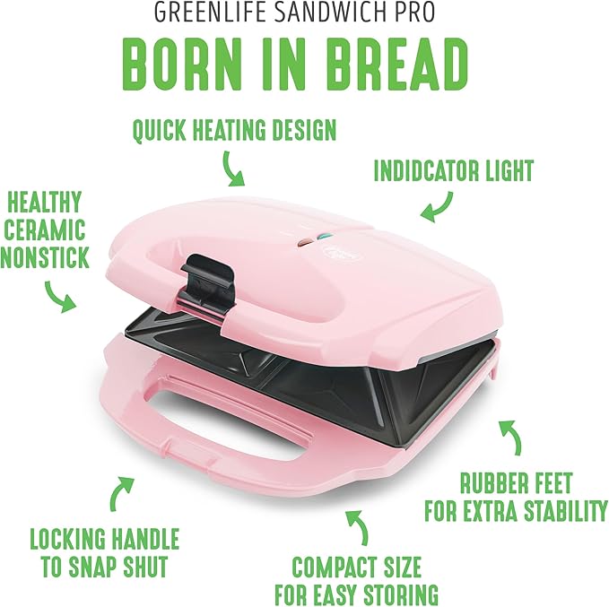 GreenLife Pro Electric Panini Press Grill and Sandwich Maker, Healthy Ceramic Nonstick Plates,Easy Indicator Light, PFAS-Free, Pink