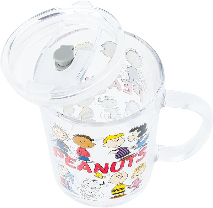 Silver Buffalo Peanuts Featuring Charlie Brown, Snoopy, Woodstock, Sally, Lucy, Linus, Schroeder, Franklin, and Pig-Pen Travel Glass Mug With Slide Close Lid and Handle, 14 Ounces
