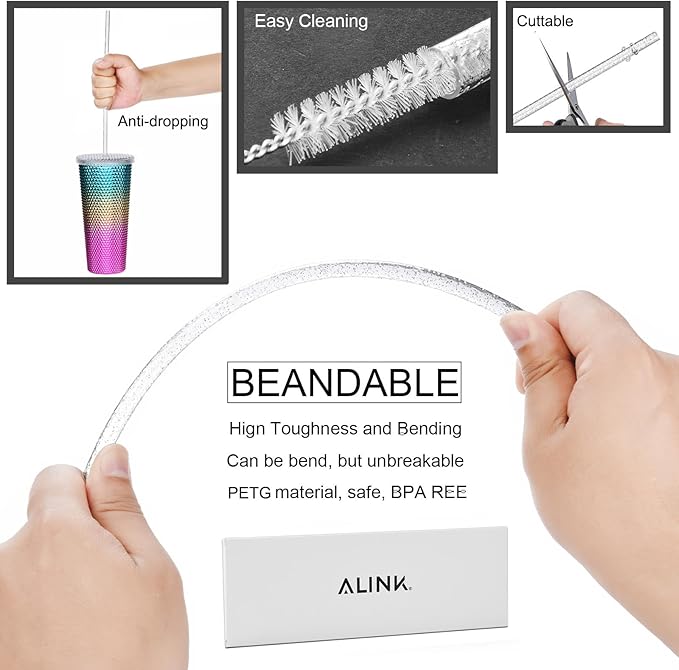 ALINK 12-Pack Reusable Clear Plastic Glitter Straws, 11" Long Hard Tumbler Replacement Straws for 20 OZ 30 OZ Stanley, Yeti/Rtic, Mason Jars with Cleaning Brush