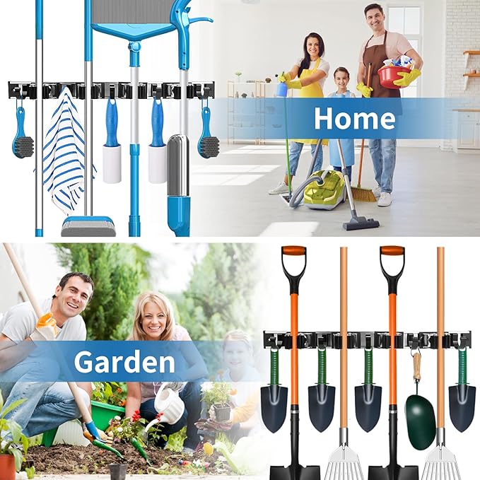 Mop and Broom Holder Wall Mount Metal Heavy Duty Utility Hooks Broom Organizer Garage Storage Systems Tool Racks for Home Laundry Garden Kitchen Organization (Black, 1 Pack 4R5H)