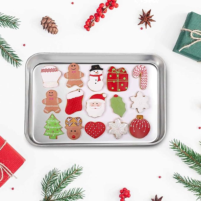 TeamFar Toaster Oven Pans, Stainless Steel Compact Baking Roasting Tray, 10.5 x 8 x 1 Inch, Healthy &Heavy Duty, Deep Edge & Mirror Surface, Dishwasher Safe - Set of 3