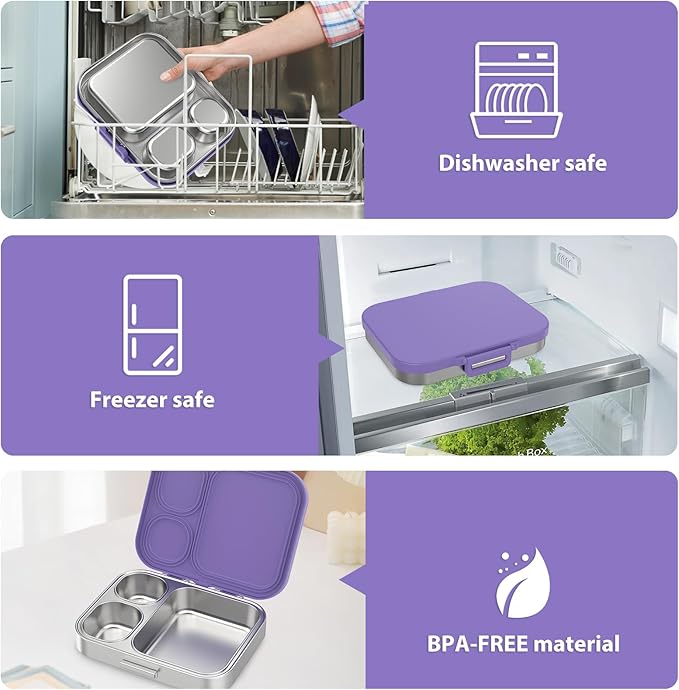 Stainless Steel Bento Lunch Box for Kids | 3-Compartment Lunch Box Container Kids | 100% Leakproof, Eco-Friendly, Perfect Portion Control for Kids&Adult Healthy Meals (Purple)