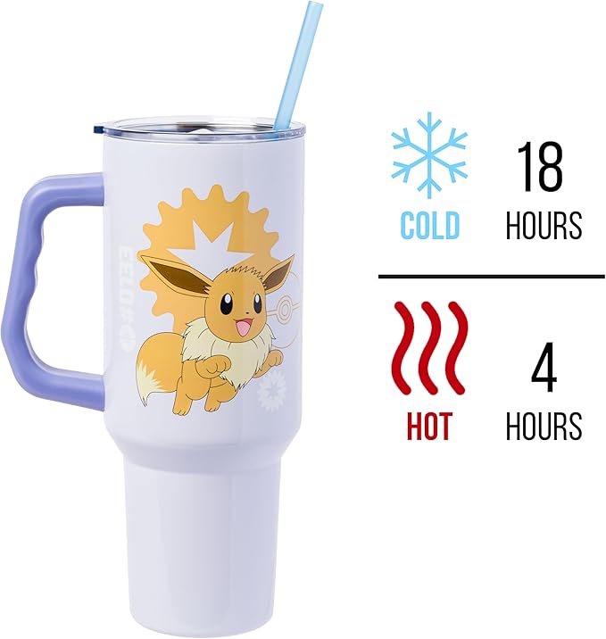 Silver Buffalo Pokémon Stainless Steel Tumbler with Handle Featuring Eevee, Fits in Standard Cup Holder, 40 Ounces