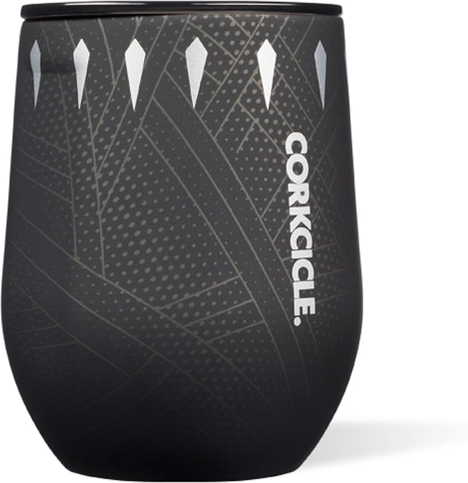 Corkcicle Stemless Insulated Wine Glass Tumbler - Keeps Beverages Cold 6 Hours & Hot 3 Hours - Stainless Steel - Easy-Grip - Summer Drinkware Gift - Keeps Drinks Ice Cold - 12 oz - Black Panther