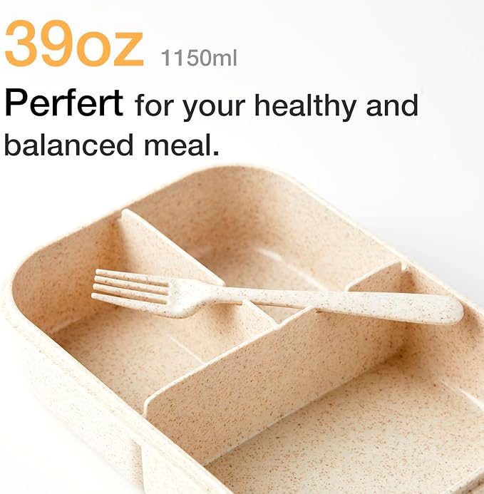 SEVENY Bento Box for Adults,Natural Wheat Fiber Material Lunch Box for Office Ladies,BPA-Free,Reusable Meal Prep Container for Body Builders, Beige