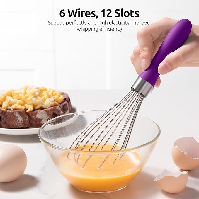 U-Taste 9" Small Egg Whisk: 18/10 Stainless Steel Kitchen Cooking Wire Balloon Wisk, Heavy Duty Metal Beater Stirrer, Manual Baking Tool with 6 Flex Wires for Hand Mixing, Blending Sauce (Purple)