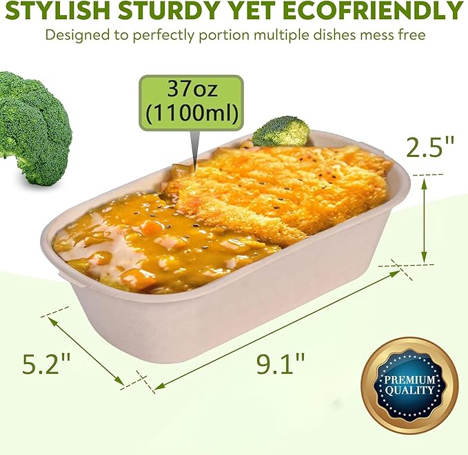 37 Oz Bamboo Disposable Food Containers, 50 Pack - Heavy Duty, Microwavable, Oven Safe - Perfect For Meal Prep, Salads, Lunch, To Go Food - Biodegradable (Brown)