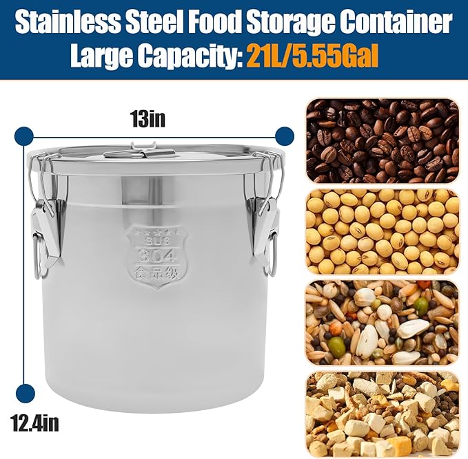 304 Stainless Steel Airtight Canister 5.55Gal /710.4oz/21L Airtight Food Storage Container with Lid and Lock Clips, Large Metal Storage Canister for Coffee Beans, Flour, Tea, Sugar, Cereals