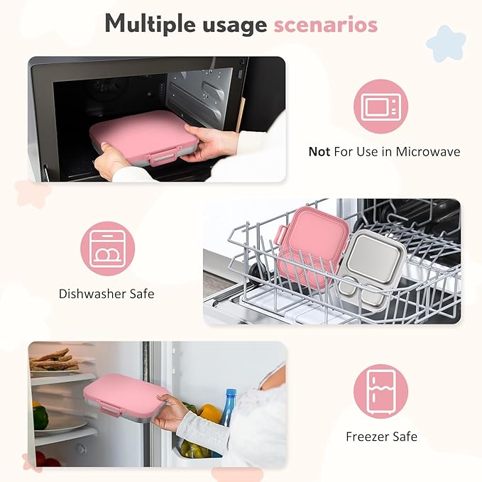 Stainless Steel Bento Box Kids, Leak Proof Metal Bento Lunch Box,3 Compartments 304 Stainless Steel Bento Lunch Containers for School and Office, BPA-Free(Pink)