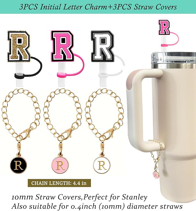 （3 +3) 3PCS Nuozme Straw Cover 10mm For Stanley Tumbler Cup Reusable Straw Cap Topper with 3 Initial Letter Charms Accessories Name ID Personalized Handle Charm For Stanley 30&40 Oz Cup Tumbler