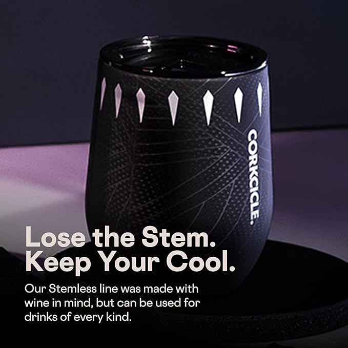 Corkcicle Stemless Insulated Wine Glass Tumbler - Keeps Beverages Cold 6 Hours & Hot 3 Hours - Stainless Steel - Easy-Grip - Summer Drinkware Gift - Keeps Drinks Ice Cold - 12 oz - Black Panther