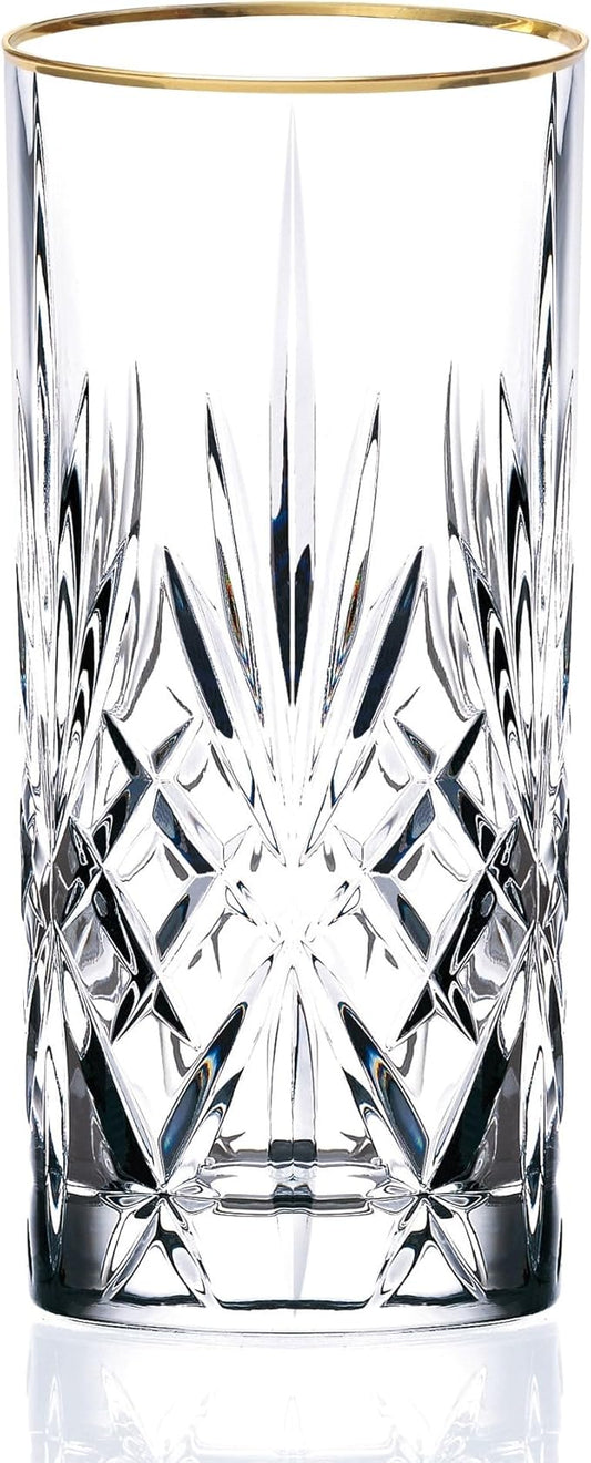 Lorren Home Trends Siena Collection Crystal Water Beverage or Ice Tea Glass with Gold Band Design, Set of 4,12 ounces
