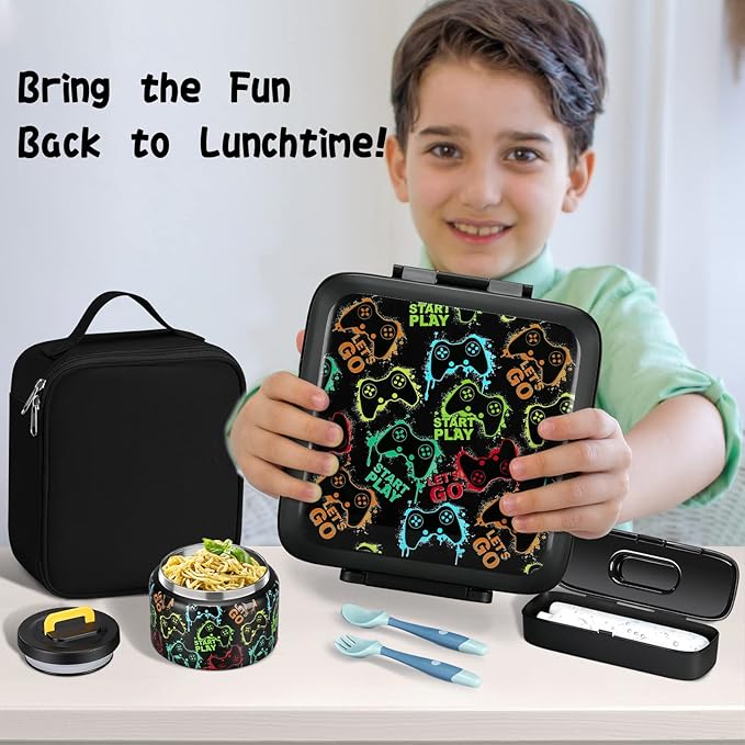 Bento Lunch Box for Kids With 8oz Soup thermo,Leak-proof Lunch Containers with 5 Compartment,thermo Food Jar and Lunch Bag, Food Containers for School (A-Black(Game Consoley))
