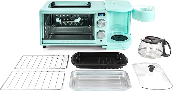 Nostalgia 3-in-1 Retro Breakfast Station - Includes 5 Cup Coffee Maker, Non-Stick Ceramic Griddle, and 4-Slice Toaster Oven - Built-In Timer, Reusable Coffee Filter, Space-Saving Design - Aqua