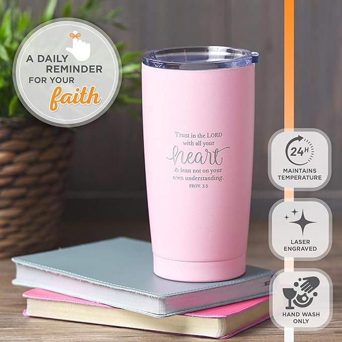 Christian Art Gifts Stainless Steel Double-Wall Vacuum Insulated Travel Mug 18 oz Pink Tumbler with Lid for Women Inspirational Bible Verse - Trust in the Lord - Proverbs 3:5