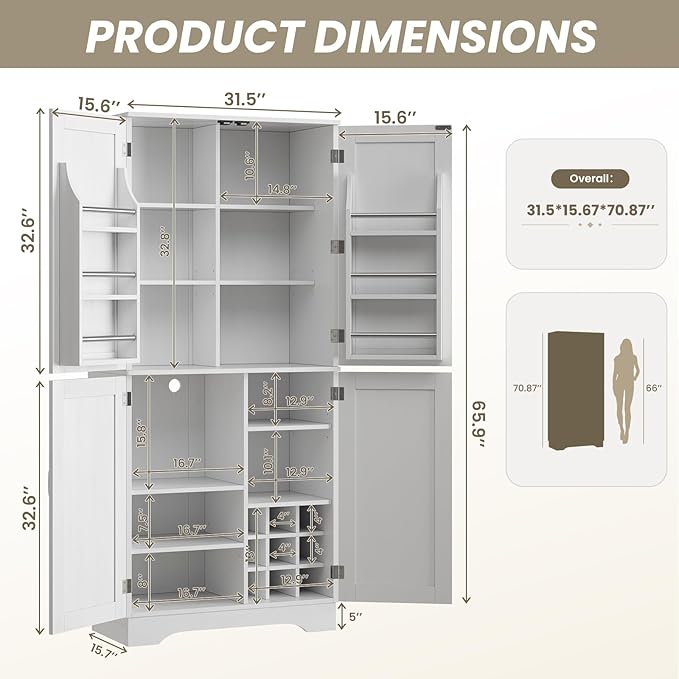 71" Tall Kitchen Pantry, Farmhouse Storage Cabinet with Doors, Shelves, Rustic Wood Cupboard, Built-in Wine Storage Grid & 6 Door Shelves for Kitchen, Dining Room, White