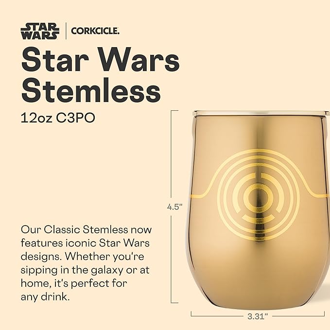 Corkcicle Stemless Insulated Wine Glass Tumbler - Keeps Beverages Cold 6 Hours & Hot 3 Hours - Stainless Steel - Easy-Grip - Summer Drinkware Gift - Keeps Drinks Ice Cold - 12 oz - C-3PO