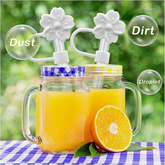 Flower Silicone Straw Cover Cap for Stanley Cup,Straw Topper 10mm 0.4in Dust-Proof Reusable Straw Tips Lids,Straw Tip Covers Gift for Party Decor (White Cherry blossom 4pcs)