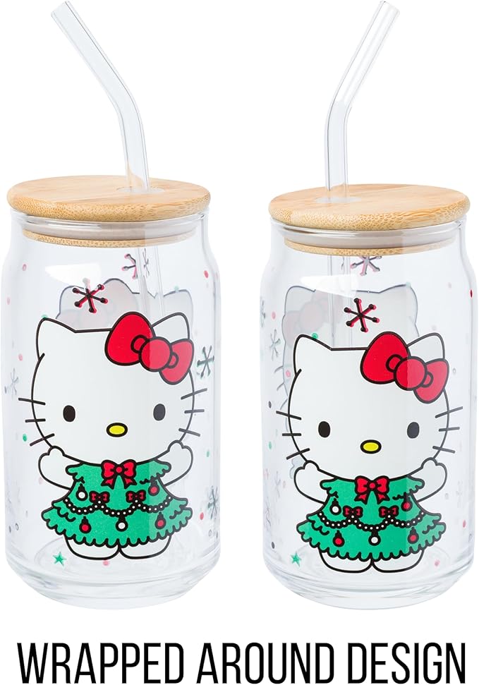 Silver Buffalo Sanrio Hello Kitty Holiday Glass Tumbler with Bamboo Lid and Glass Straw, 16 Ounces