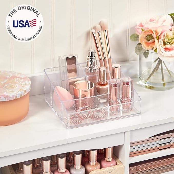 STORi Clear Plastic Small Countertop Vanity Makeup Organizer, Compact Rectangular 4-Compartment Holder for Brushes, Eyeshadow Palettes, & Beauty Supplies, Made in USA (Pack of 2)