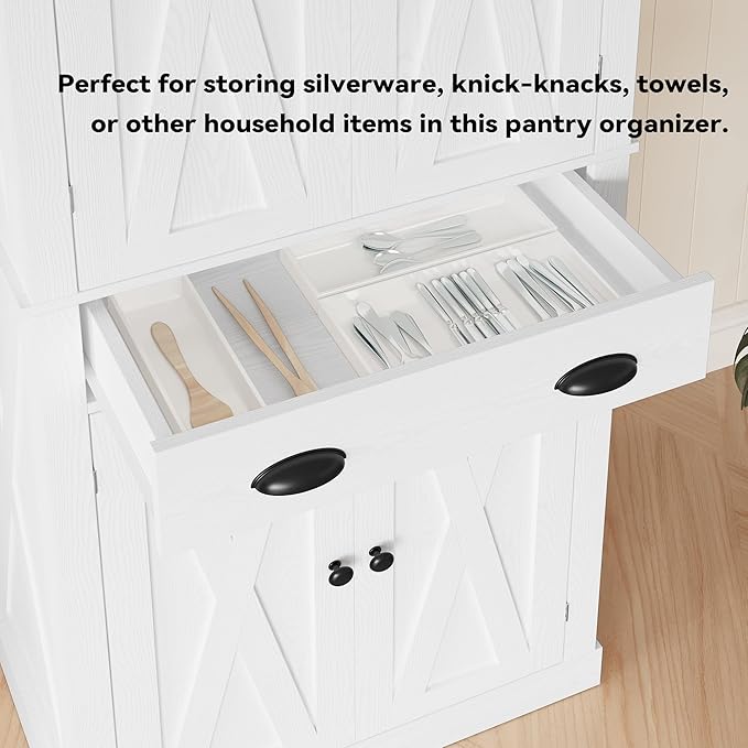 IRONCK Kitchen Pantry Storage Cabinet 83.9" H, with Barn Doors, Drawer, 4 Adjustable Shelves, Freestanding Cupboard for Dining Room Living Room, Laundry, White