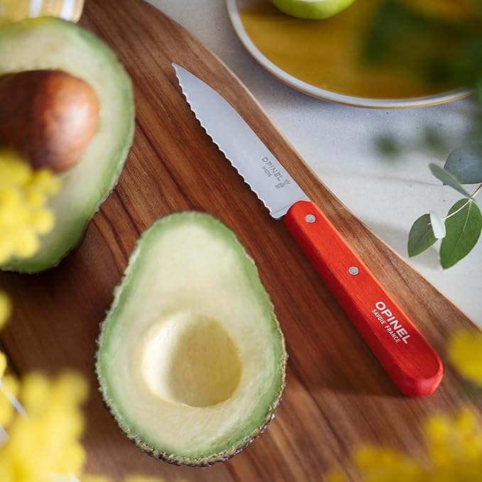 OPINEL Les Essentials - Small Kitchen 4 Piece Set - Paring, Serrated, Vegetable Knife, Peeler - Corrosion Resistant High Carbon Steel - Made in France (Primo)