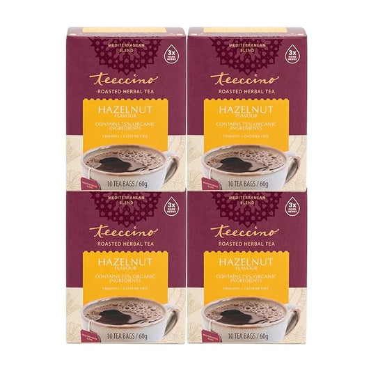 Teeccino Hazelnut Herbal Tea - Rich & Roasted Herbal Tea That’s Caffeine Free & Prebiotic for Natural Energy, 10 Tea Bags (Pack of 4)