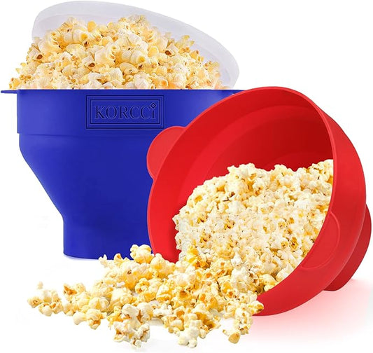 The Original Korcci Microwaveable Silicone Popcorn Popper, Microwave Popcorn Popper, Collapsible Microwave Popcorn Maker Bowl, No Oil Required, Use In Microwave, Dishwasher Safe (Blue+Red)