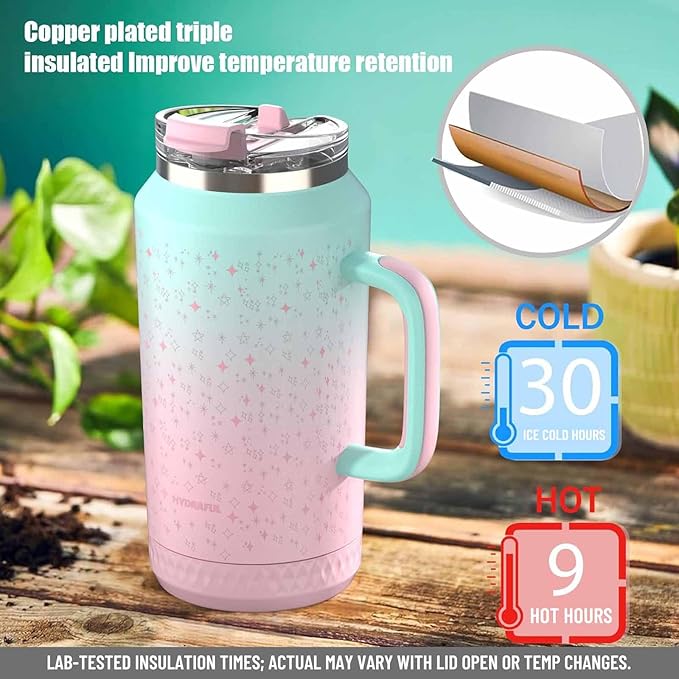 Hydraful 64 oz Tumbler with Handle and Straw - 100% Leak-Proof - Insulated Cup Reusable Stainless Steel Large Water Bottle Travel Mug for Gym, Hiking, and Camping - Gifts for Women Men Him Her