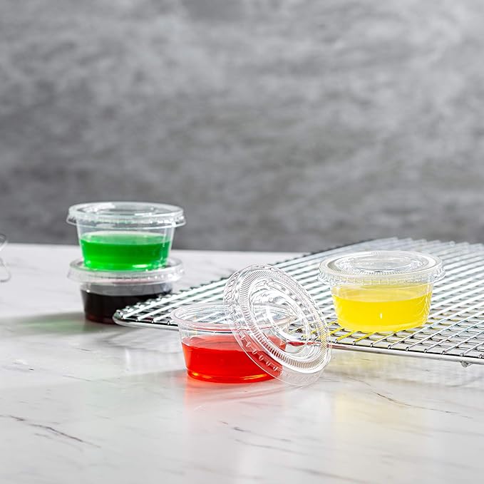 Portion Cups with Lids (2 Ounces, 100 Pack) | Disposable Plastic Cups for Meal Prep, Portion Control, Salad Dressing, Jello Shots, & Medicine | Small Plastic Condiment Container