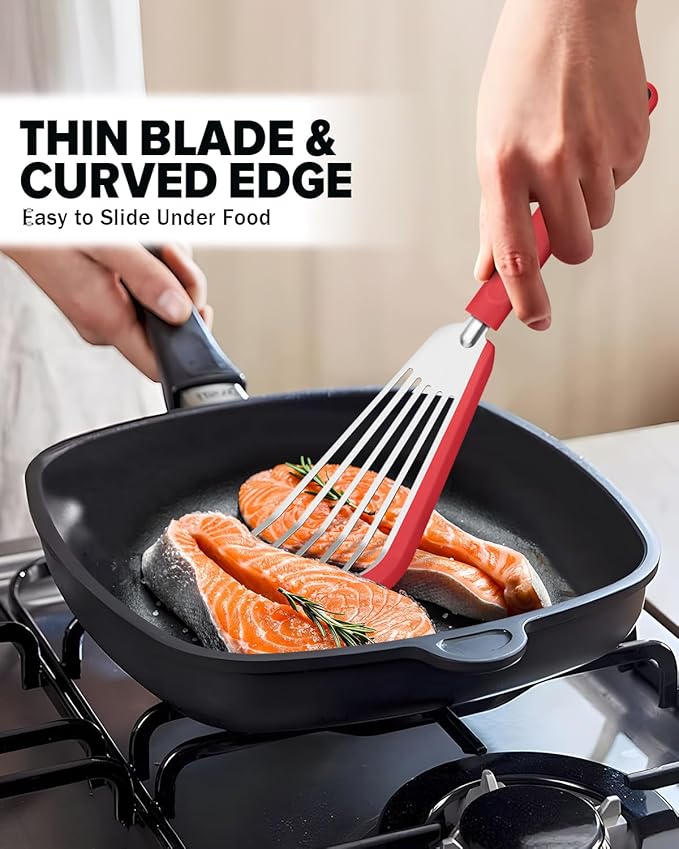 Silicone Fish Spatula Turner Set of 2, Thin Slotted Spatulas Turner for Nonstick Cookware,Heat Resistant Flexible Stainless Steel Kitchen Cooking Spatula Flipper for Fish, Egg, Pancake (RGN)