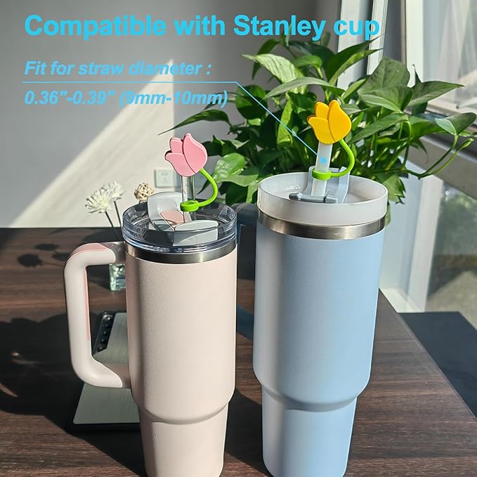 4 Pack Tulip Straw Covers Cap Compatible with Stanley Cup 40 30 oz, Cute Silicone Flowers Straw Topper, Tumbler Accessories, Christmas Gifts for Women
