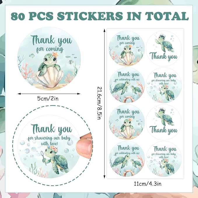 Serencatcher Sea Turtle Baby Shower Thank You Stickers, Ocean-Themed Birthday - Image 5