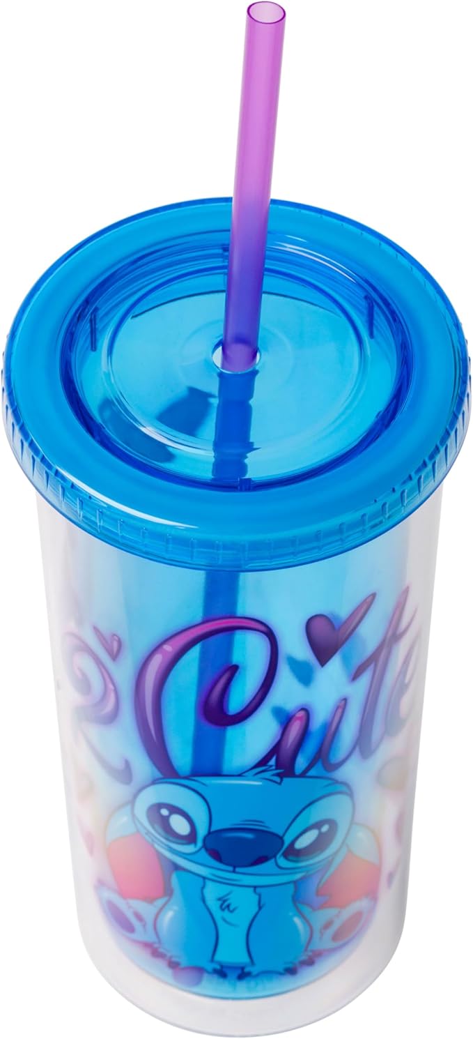 Silver Buffalo Disney Lilo and Stitch “2 Cute” Plastic Tall Cold Cup with Lid and Straw, 20 Ounces
