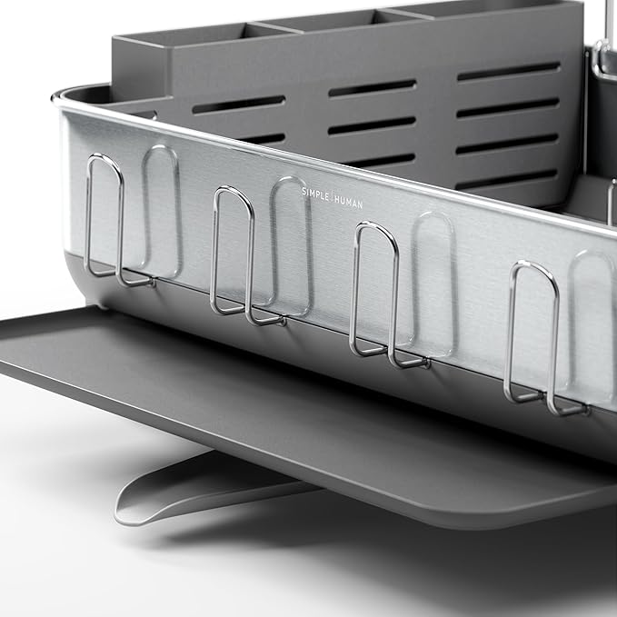 simplehuman Large Capacity Dish Drying Rack with Stainless Steel Frame, 360º Easy Drain Swivel Spout, Utensil & Wine Glass Holder, Anti-Residue Coating, Moisture Control Surface, Grey