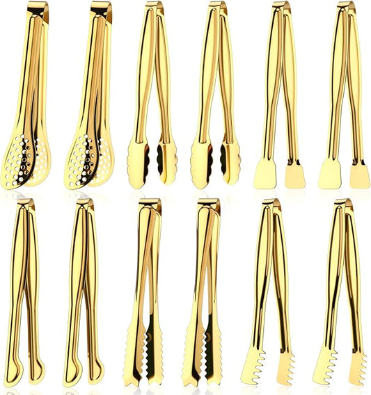 CHENGU 12 Pack Stainless Steel Tongs 6 Inches Food Serving Clip Kitchen Cooking Tongs High Heat Resistant Clips for Non Stick Cooking Grip for Ribs, Steak and Grill Salad