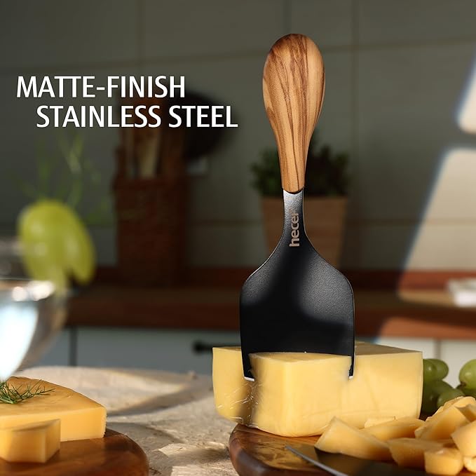 hecef Cheese Knife Set of 3, Includes Pronged, Hard Cheese & Chisel Knife, Matte Black Stainless Steel Knives with Wood Grain Handles, Cheese Tools for Charcuterie Boards, Entertaining