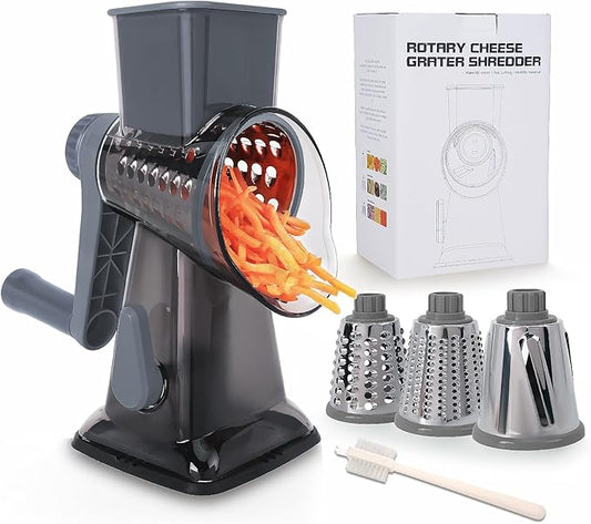 Rotary Cheese Grater Multi-Purpose Stainless Steel Shredder- Cheese Grater With handle Effortless Grating of Vegetables, Nuts and Fruits,with Suction Base and Cleaning Brush (gray)