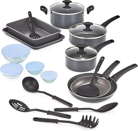 bella Cookware Set with Glass Lids with Nonstick, PFOA Free and Scratch Resistant Surface, Aluminum Bakeware, Pots and Pans, Storage Bowls & Utensils, Compatible with All Stovetops, 21 Piece, Gray