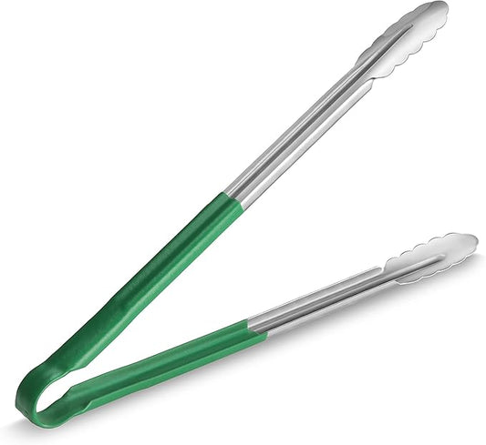New Star Foodservice 35810 16-Inch Utility Spring Tongs, Stainless Steel, Vinyl Coated, Set of 12, Green