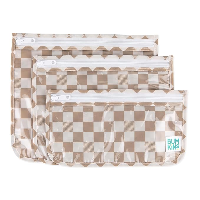 Bumkins Travel Bag, Toiletry, TSA Approved Pouch, Zip Bag, Quart Size Airline Compliant, Clear-Sided, Baby, Diaper Bag Organization, Makeup, Accessories, Packing, Set of 3 Sizes, Beige Check