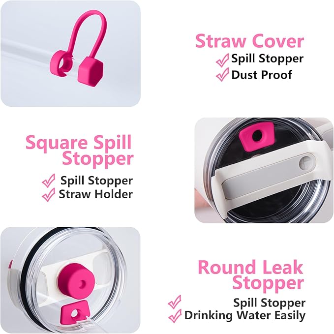 Silicone Spill Stopper Set Compatible with Stanley Cup 2.0 30oz & 40oz with Straw Cover (Set of 2, Passion Pink)