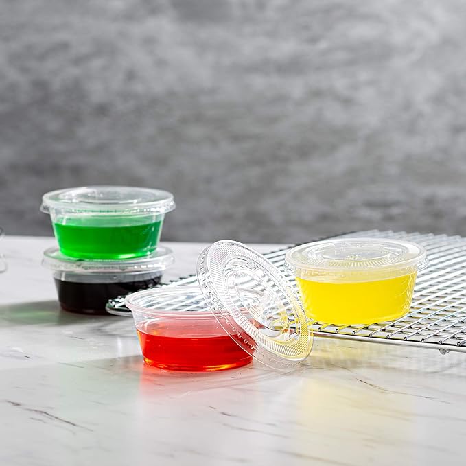 Portion Cups with Lids (3.25 Ounces, 100 Pack) | Disposable Plastic Cups for Meal Prep, Portion Control, Salad Dressing, & Medicine | Small Plastic Condiment Container