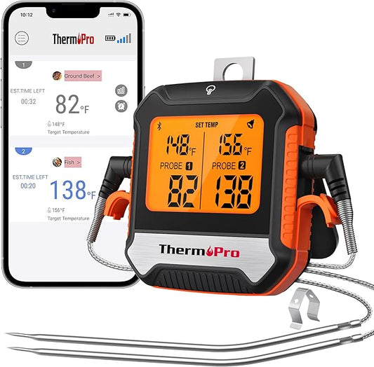 ThermoPro 450 ft Bluetooth Meat Thermometer with 2 Probes, Meat Thermometer Digital Wireless for BBQ Oven, Smoker Thermometer for Cooking Chicken Steaks Poultry